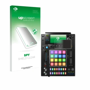 Parte frontal de un envase de producto con el logotipo de la marca upscreen. Al lado se muestra el dispositivo Pioneer DJS -10