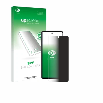 Parte frontal de un envase de producto con el logotipo de la marca upscreen. Al lado se muestra el dispositivo Oppo A79 5G con