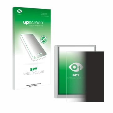 Parte frontal de un envase de producto con el logotipo de la marca upscreen. Al lado se muestra el dispositivo Boox Go 10.3 co