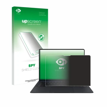 Parte frontal de un envase de producto con el logotipo de la marca upscreen. Al lado se muestra el dispositivo Huawei MateBook