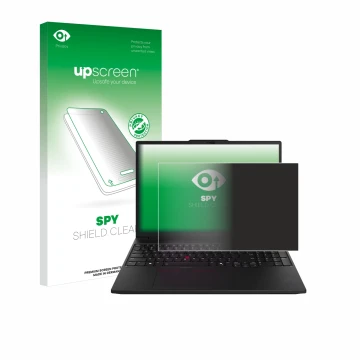 Parte frontal de un envase de producto con el logotipo de la marca upscreen. Al lado se muestra el dispositivo Lenovo ThinkPad