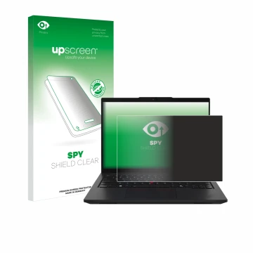 Parte frontal de un envase de producto con el logotipo de la marca upscreen. Al lado se muestra el dispositivo Lenovo ThinkPad