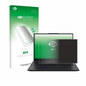 Parte frontal de un envase de producto con el logotipo de la marca upscreen. Al lado se muestra el dispositivo Lenovo ThinkPad