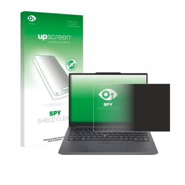 Parte frontal de un envase de producto con el logotipo de la marca upscreen. Al lado se muestra el dispositivo Lenovo ThinkPad