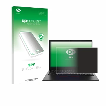 Parte frontal de un envase de producto con el logotipo de la marca upscreen. Al lado se muestra el dispositivo Lenovo ThinkPad