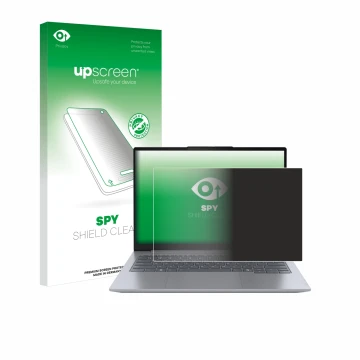 Parte frontal de un envase de producto con el logotipo de la marca upscreen. Al lado se muestra el dispositivo Lenovo ThinkBoo