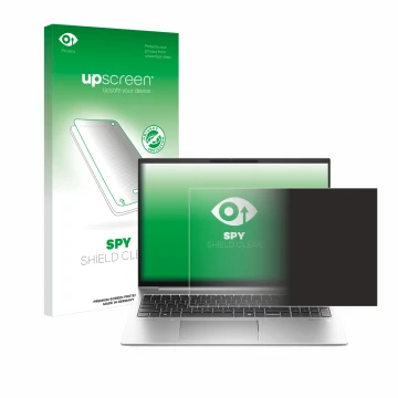 Parte frontal de un envase de producto con el logotipo de la marca upscreen. Al lado se muestra el dispositivo HP EliteBook 86