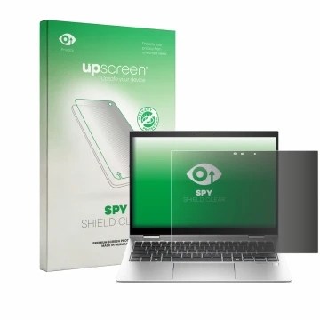 Parte frontal de un envase de producto con el logotipo de la marca upscreen. Al lado se muestra el dispositivo HP Elite x360 8