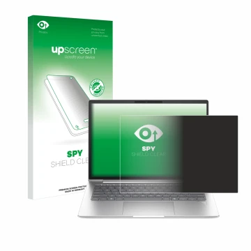 Parte frontal de un envase de producto con el logotipo de la marca upscreen. Al lado se muestra el dispositivo HP EliteBook 64