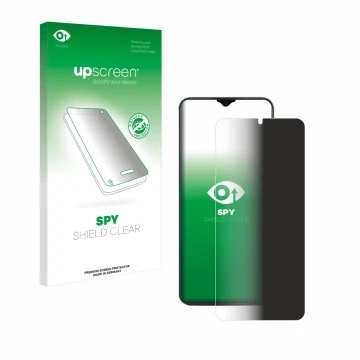 Parte frontal de un envase de producto con el logotipo de la marca upscreen. Al lado se muestra el dispositivo Honor X6b con s