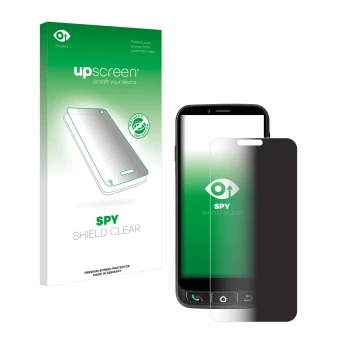 Parte frontal de un envase de producto con el logotipo de la marca upscreen. Al lado se muestra el dispositivo SPC Zeus 4G Pro
