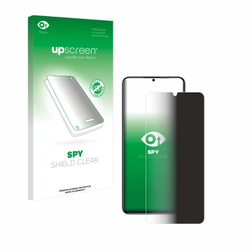 Parte frontal de un envase de producto con el logotipo de la marca upscreen. Al lado se muestra el dispositivo Oukitel C50 con