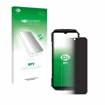 Parte frontal de un envase de producto con el logotipo de la marca upscreen. Al lado se muestra el dispositivo Doogee S118 con