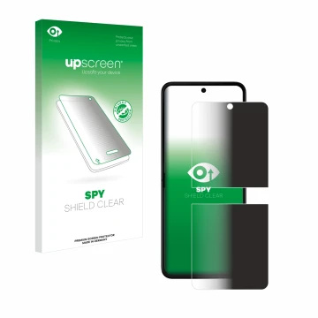 Parte frontal de un envase de producto con el logotipo de la marca upscreen. Al lado se muestra el dispositivo Motorola Razr 5