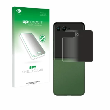 Parte frontal de un envase de producto con el logotipo de la marca upscreen. Al lado se muestra el dispositivo Motorola Razr 5