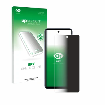 Parte frontal de un envase de producto con el logotipo de la marca upscreen. Al lado se muestra el dispositivo Telekom T Phone