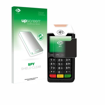 Parte frontal de un envase de producto con el logotipo de la marca upscreen. Al lado se muestra el dispositivo ingenico Tetra 