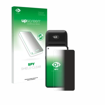 Parte frontal de un envase de producto con el logotipo de la marca upscreen. Al lado se muestra el dispositivo Verifone T650c 