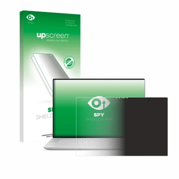 Parte frontal de un envase de producto con el logotipo de la marca upscreen. Al lado se muestra el dispositivo Dell XPS 16 964
