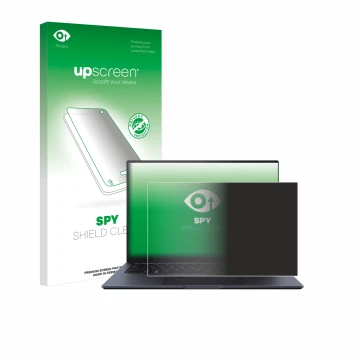 Parte frontal de un envase de producto con el logotipo de la marca upscreen. Al lado se muestra el dispositivo ASUS ZenBook Pr