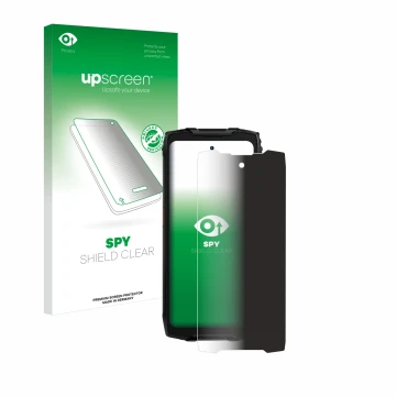 Parte frontal de un envase de producto con el logotipo de la marca upscreen. Al lado se muestra el dispositivo Blackview BV930