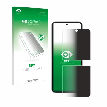 Parte frontal de un envase de producto con el logotipo de la marca upscreen. Al lado se muestra el dispositivo Samsung Galaxy 
