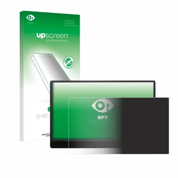 Parte frontal de un envase de producto con el logotipo de la marca upscreen. Al lado se muestra el dispositivo MSI Pro MP161 E