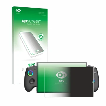 Parte frontal de un envase de producto con el logotipo de la marca upscreen. Al lado se muestra el dispositivo OneXPlayer X1 M