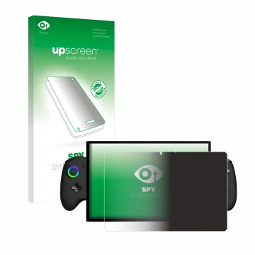 Parte frontal de un envase de producto con el logotipo de la marca upscreen. Al lado se muestra el dispositivo OneXPlayer X1 c