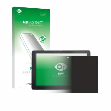 Parte frontal de un envase de producto con el logotipo de la marca upscreen. Al lado se muestra el dispositivo Awow AiBook 10 