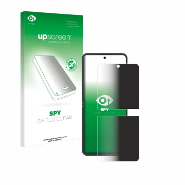 Parte frontal de un envase de producto con el logotipo de la marca upscreen. Al lado se muestra el dispositivo Nubia Flip 5G c