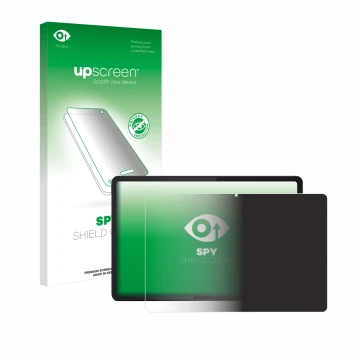 Parte frontal de un envase de producto con el logotipo de la marca upscreen. Al lado se muestra el dispositivo Lenovo Tab K11 