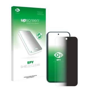 Parte frontal de un envase de producto con el logotipo de la marca upscreen. Al lado se muestra el dispositivo Google Pixel 9 