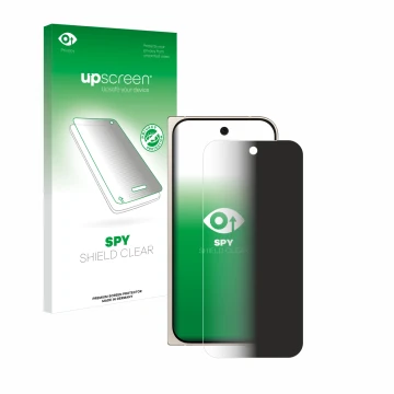 Parte frontal de un envase de producto con el logotipo de la marca upscreen. Al lado se muestra el dispositivo Google Pixel 9 