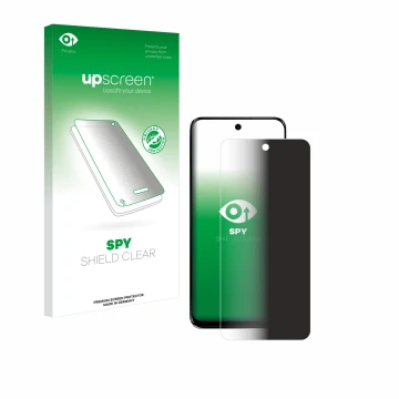 Parte frontal de un envase de producto con el logotipo de la marca upscreen. Al lado se muestra el dispositivo Motorola G34 5G