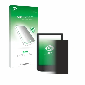Parte frontal de un envase de producto con el logotipo de la marca upscreen. Al lado se muestra el dispositivo Vivlio Light HD