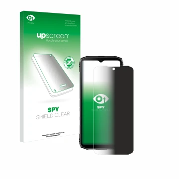 Parte frontal de un envase de producto con el logotipo de la marca upscreen. Al lado se muestra el dispositivo Doogee Blade 10