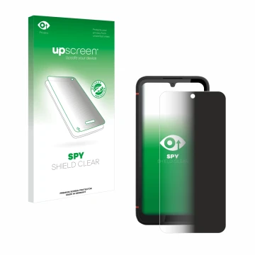 Parte frontal de un envase de producto con el logotipo de la marca upscreen. Al lado se muestra el dispositivo Gigaset GX4 Pro