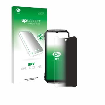 Parte frontal de un envase de producto con el logotipo de la marca upscreen. Al lado se muestra el dispositivo Doogee V40 Pro 