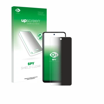 Parte frontal de un envase de producto con el logotipo de la marca upscreen. Al lado se muestra el dispositivo ZTE Blade A75 5