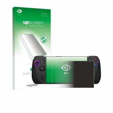 Parte frontal de un envase de producto con el logotipo de la marca upscreen. Al lado se muestra el dispositivo ASUS ROG Ally X