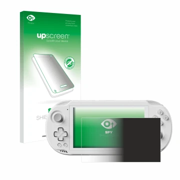 Parte frontal de un envase de producto con el logotipo de la marca upscreen. Al lado se muestra el dispositivo AYN Odin 2 Mini