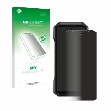 Parte frontal de un envase de producto con el logotipo de la marca upscreen. Al lado se muestra el dispositivo Ulefone Armor 2