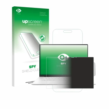 Parte frontal de un envase de producto con el logotipo de la marca upscreen. Al lado se muestra el dispositivo ASUS ZenBook S 