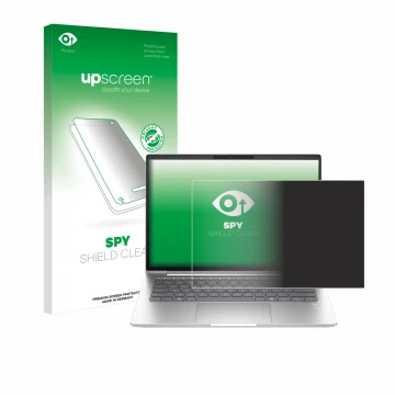 Parte frontal de un envase de producto con el logotipo de la marca upscreen. Al lado se muestra el dispositivo HP ProBook 440 