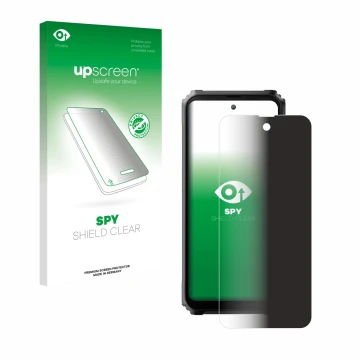 Parte frontal de un envase de producto con el logotipo de la marca upscreen. Al lado se muestra el dispositivo Blackview BL900