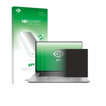 Parte frontal de un envase de producto con el logotipo de la marca upscreen. Al lado se muestra el dispositivo HP Zbook Studio