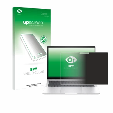 Parte frontal de un envase de producto con el logotipo de la marca upscreen. Al lado se muestra el dispositivo HP EliteBook x3
