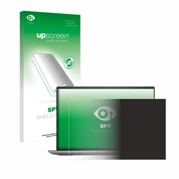 Parte frontal de un envase de producto con el logotipo de la marca upscreen. Al lado se muestra el dispositivo Dell Precision 