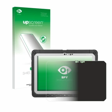 Parte frontal de un envase de producto con el logotipo de la marca upscreen. Al lado se muestra el dispositivo Panasonic Tough